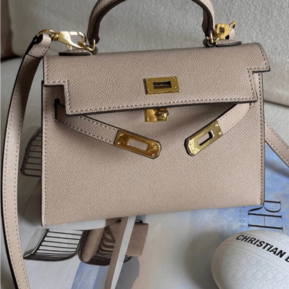 Tan Structured Crossbody Bag with Gold Hardware